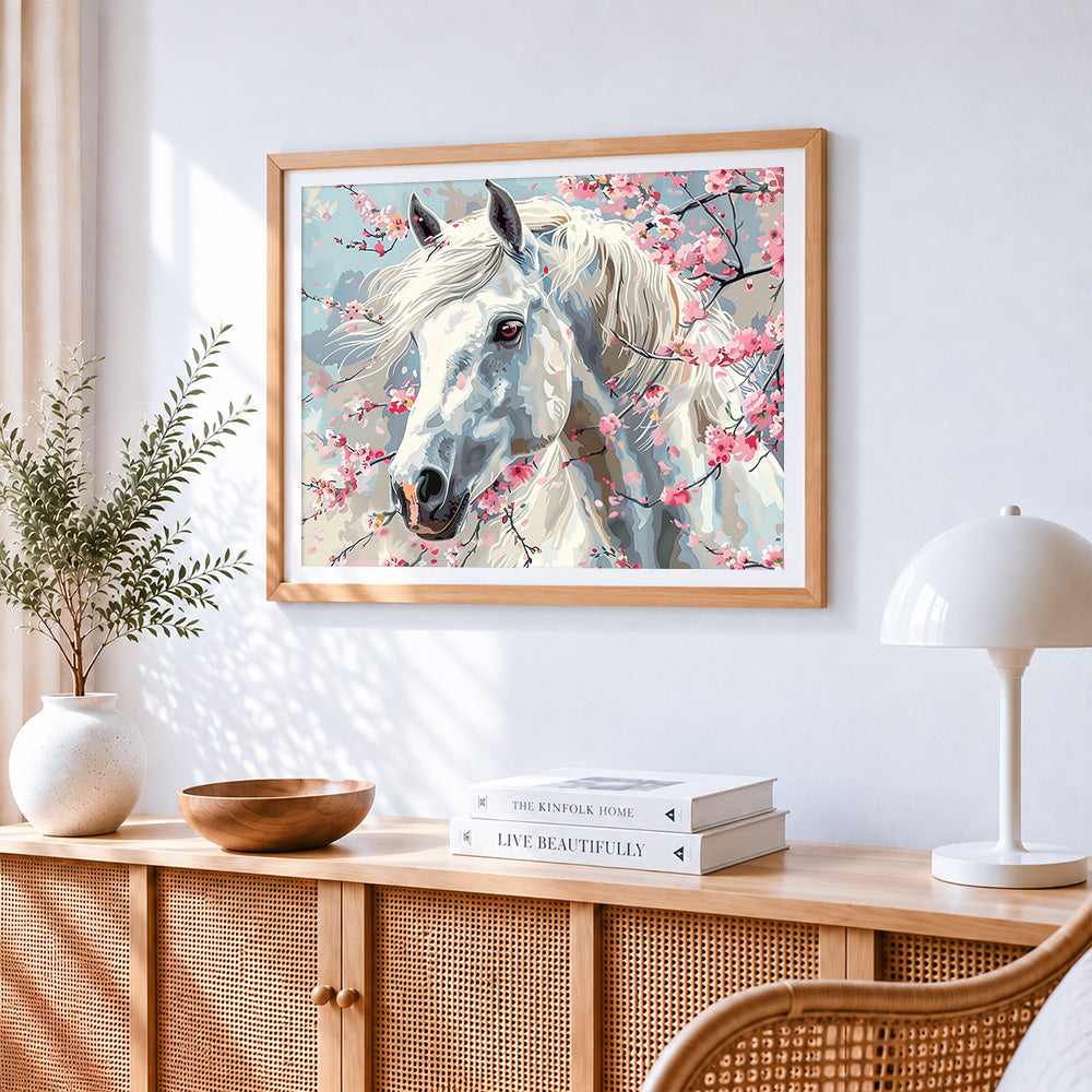 White horse with cherry blossoms paint by numbers artwork displayed on wall as home decor