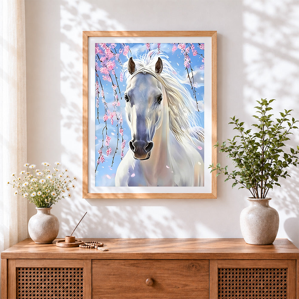 Finished white horse with pink blossoms cross stitch artwork displayed