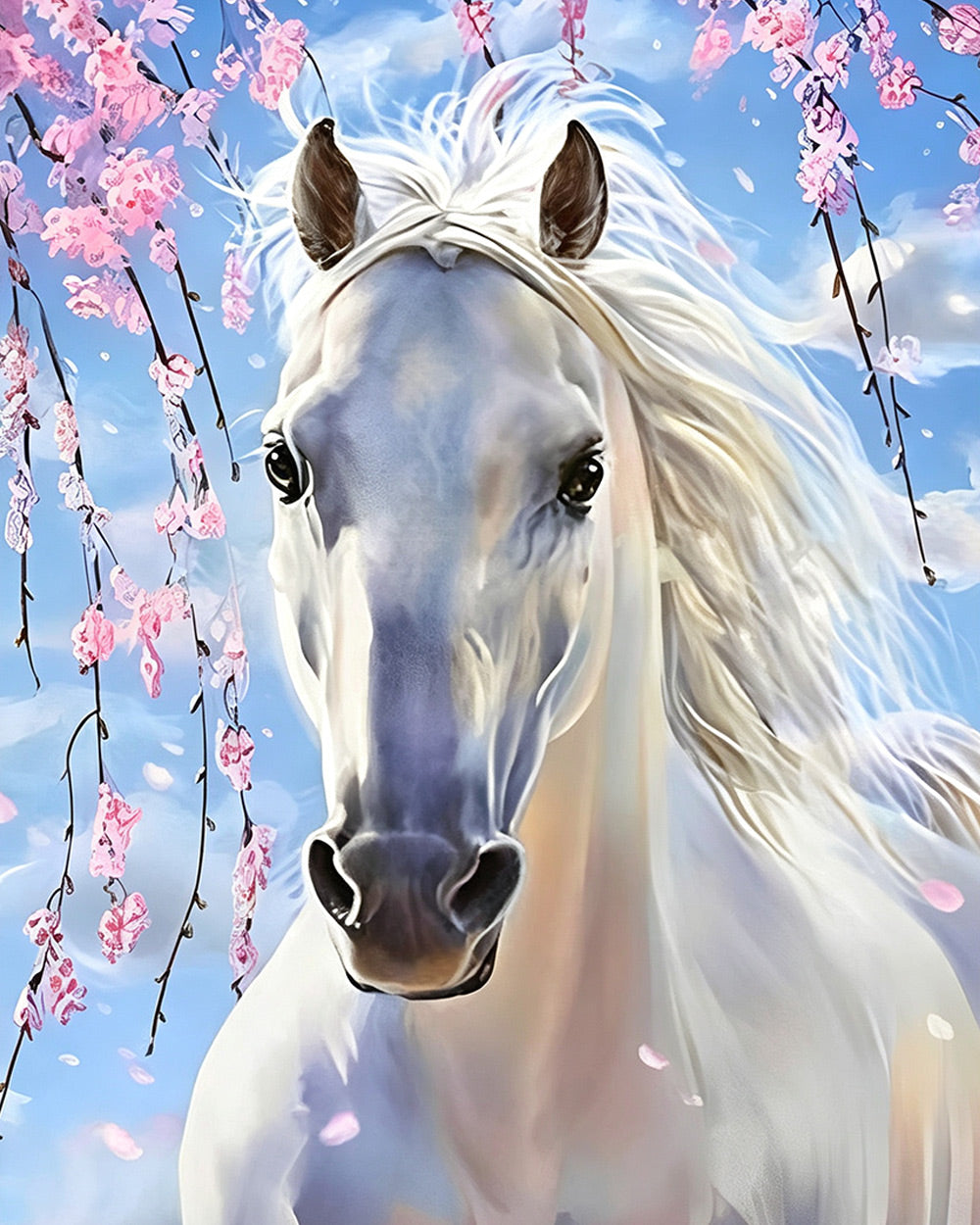 White horse with pink blossoms paint by numbers kit for beginners