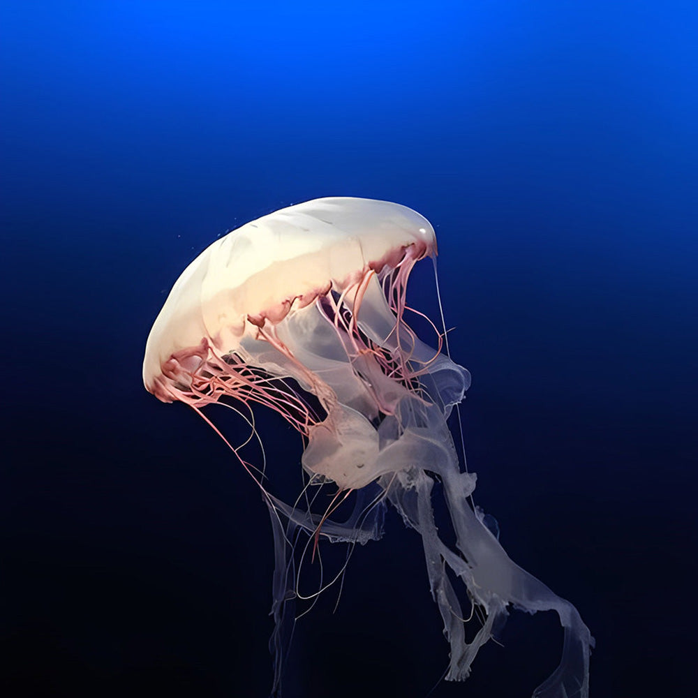 White jellyfish in deep blue sea cross stitch kit for beginners