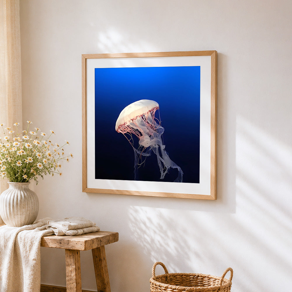 White jellyfish in deep blue sea cross stitch artwork displayed on wall as home decor