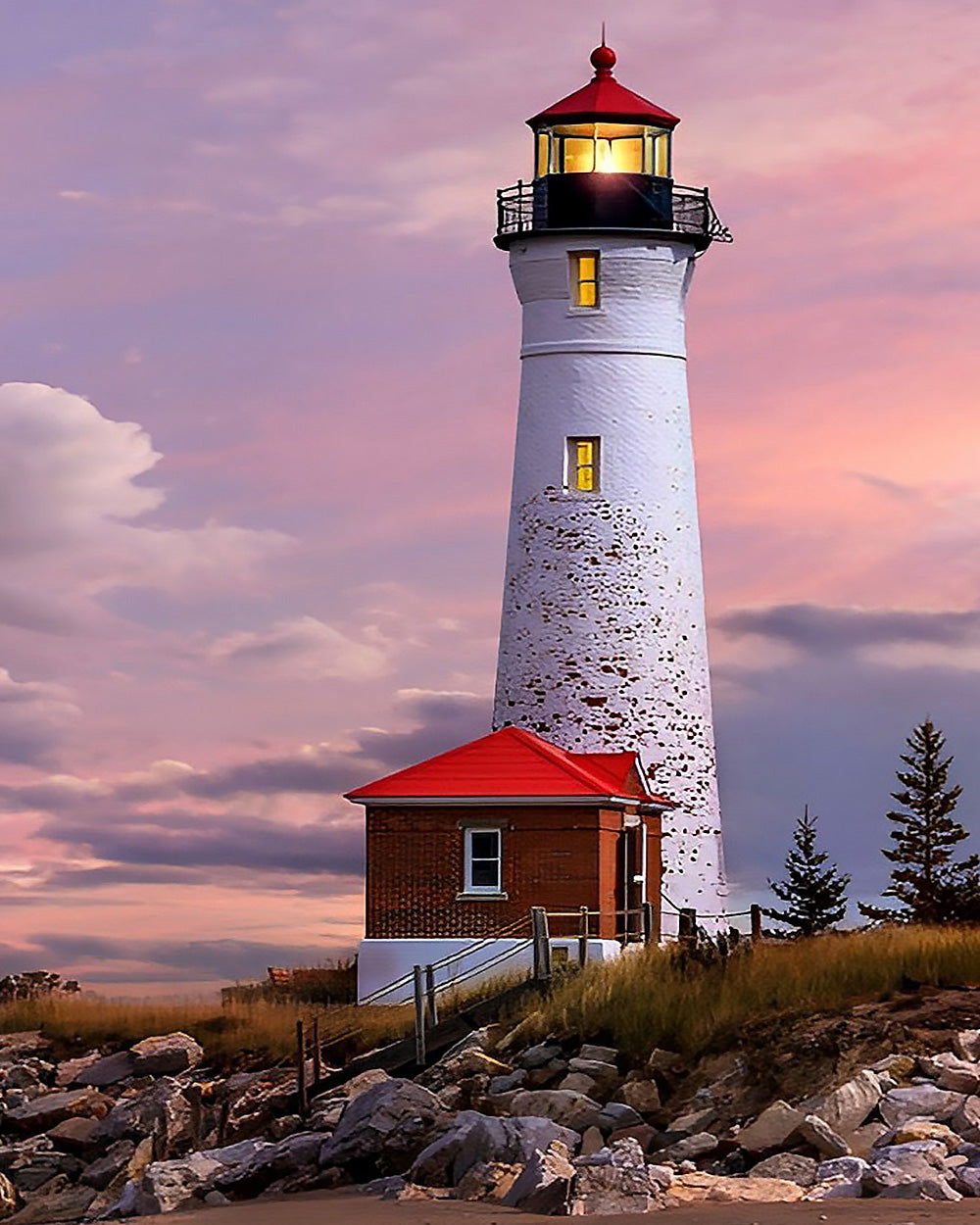 White lighthouse under the pink and purple sky cross stitch kit for beginners