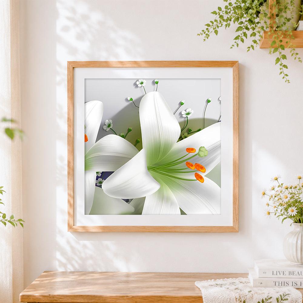 Finished white lily flower close up cross stitch artwork displayed