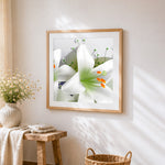 White lily flower close up cross stitch artwork displayed on wall as home decor