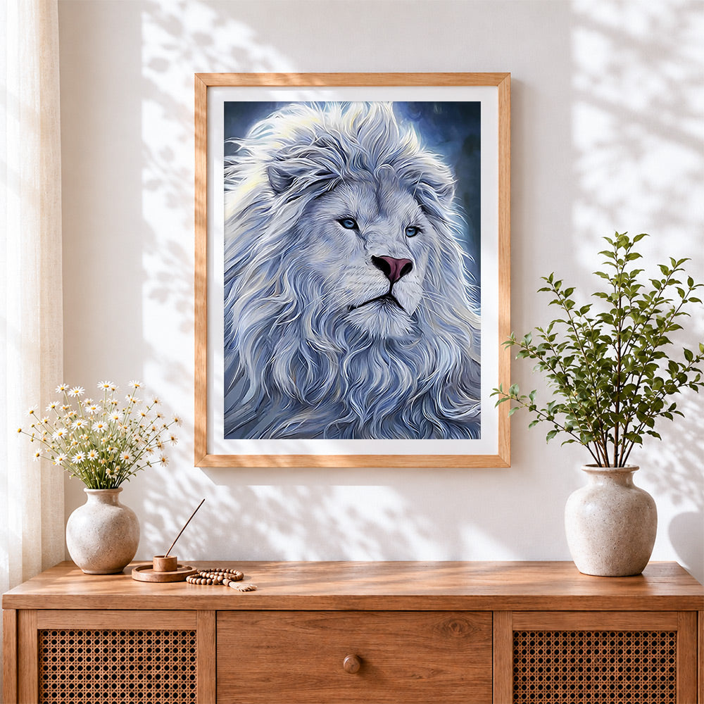 Finished white lion with blue eyes cross stitch artwork displayed