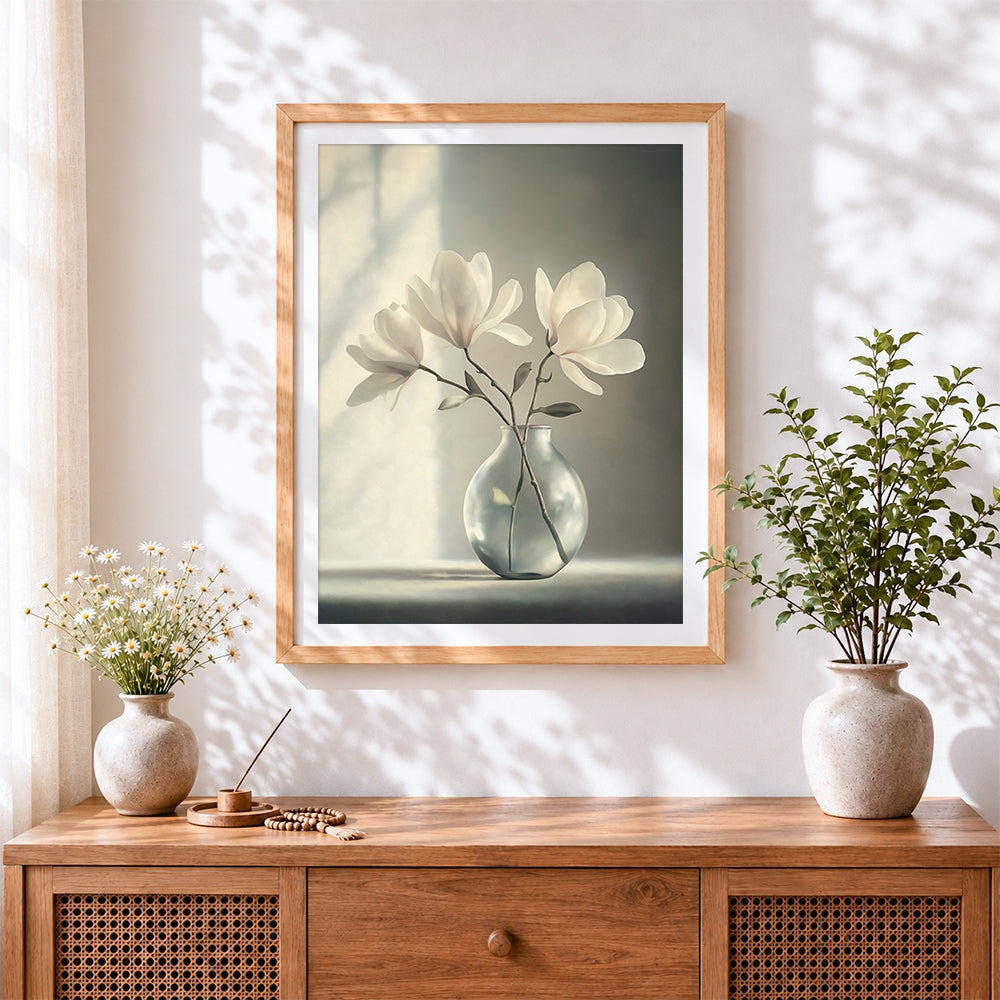 Finished white magnolia branches in a glass vase cross stitch artwork displayed