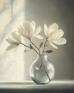 White magnolia branches in a glass vase cross stitch kit for beginners