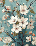 White magnolia on teal background cross stitch kit for beginners