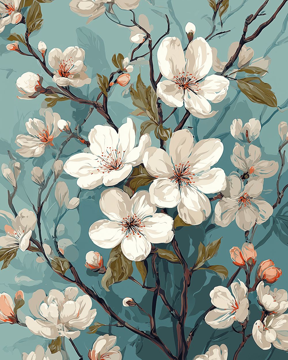 White magnolia on teal background cross stitch kit for beginners