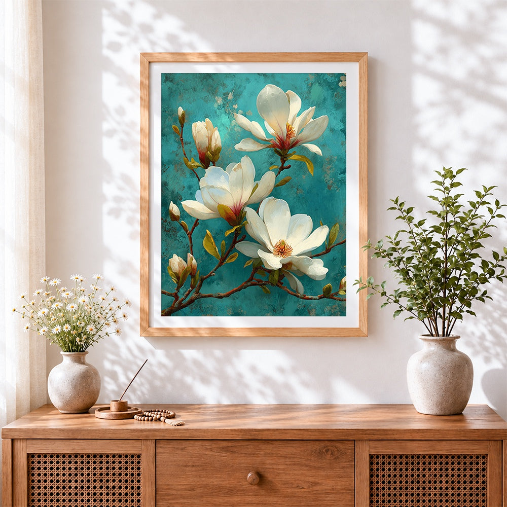 Finished white magnolias on a teal background cross stitch artwork displayed