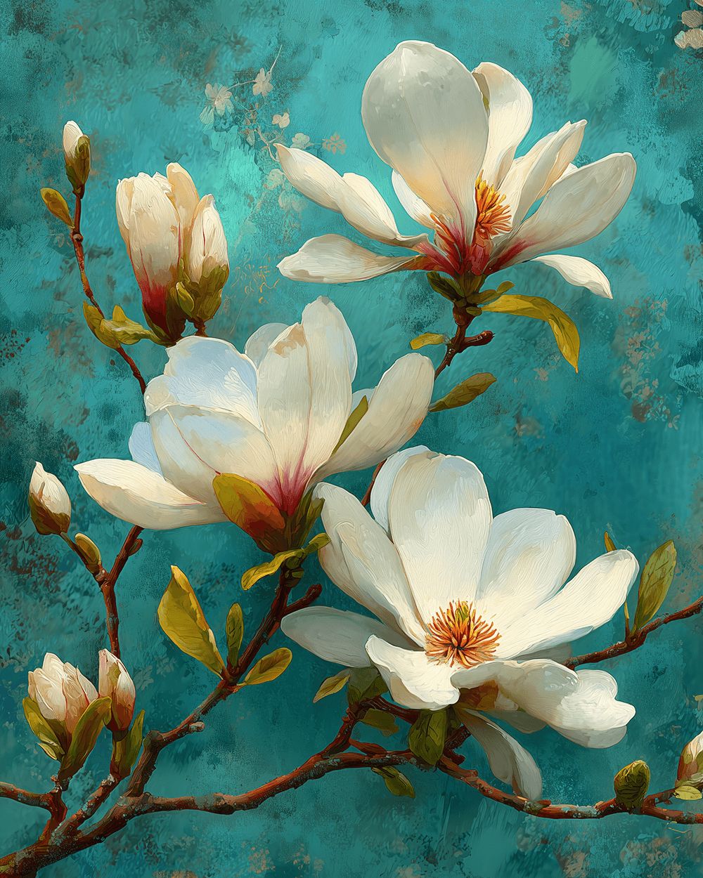 White magnolias on a teal background cross stitch kit for beginners
