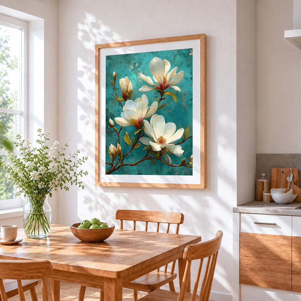 White magnolias on a teal background cross stitch artwork displayed on wall as home decor