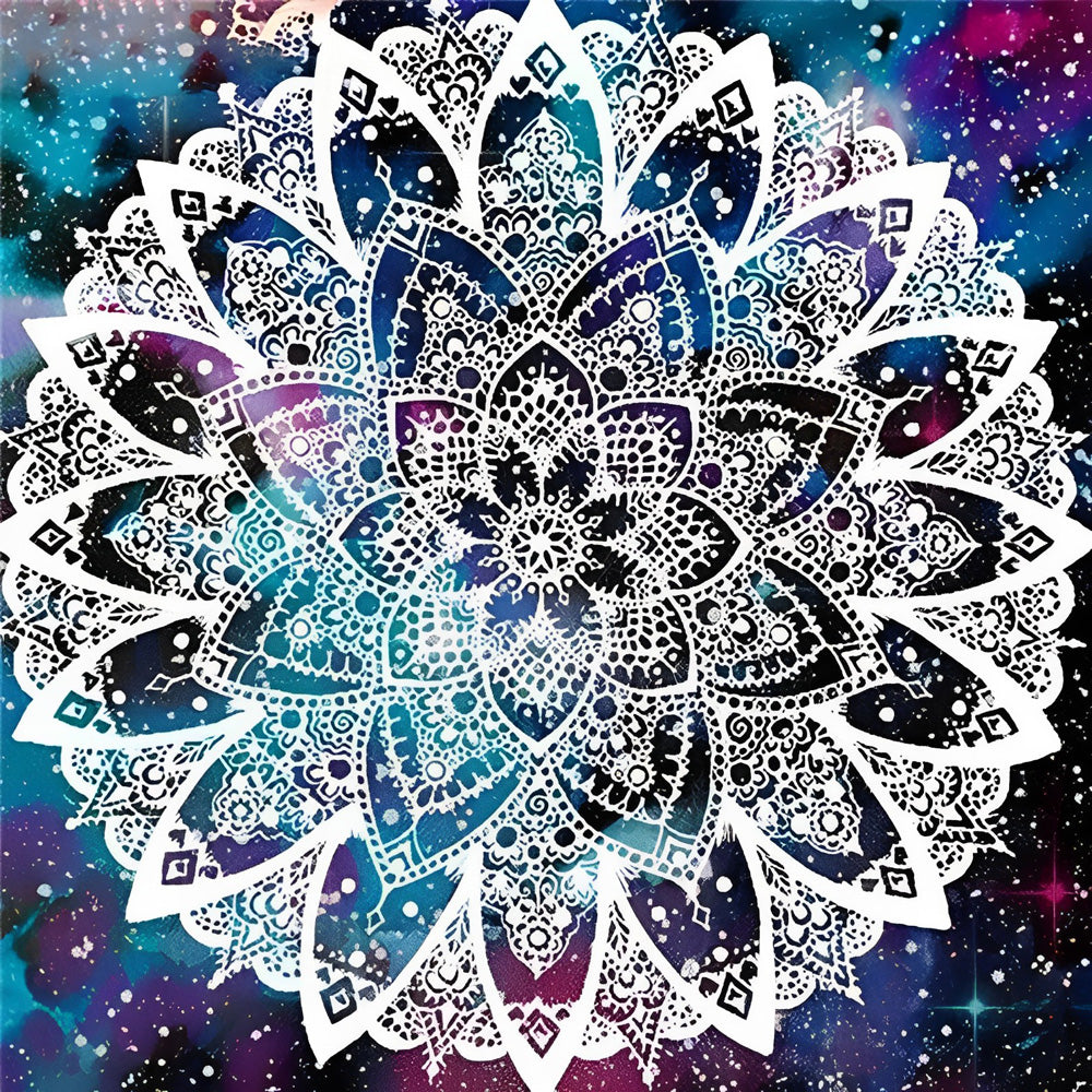 White mandala on galaxy background cross stitch kit for beginners