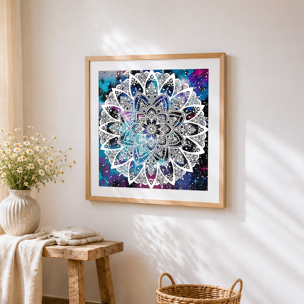 White mandala on galaxy background cross stitch artwork displayed on wall as home decor