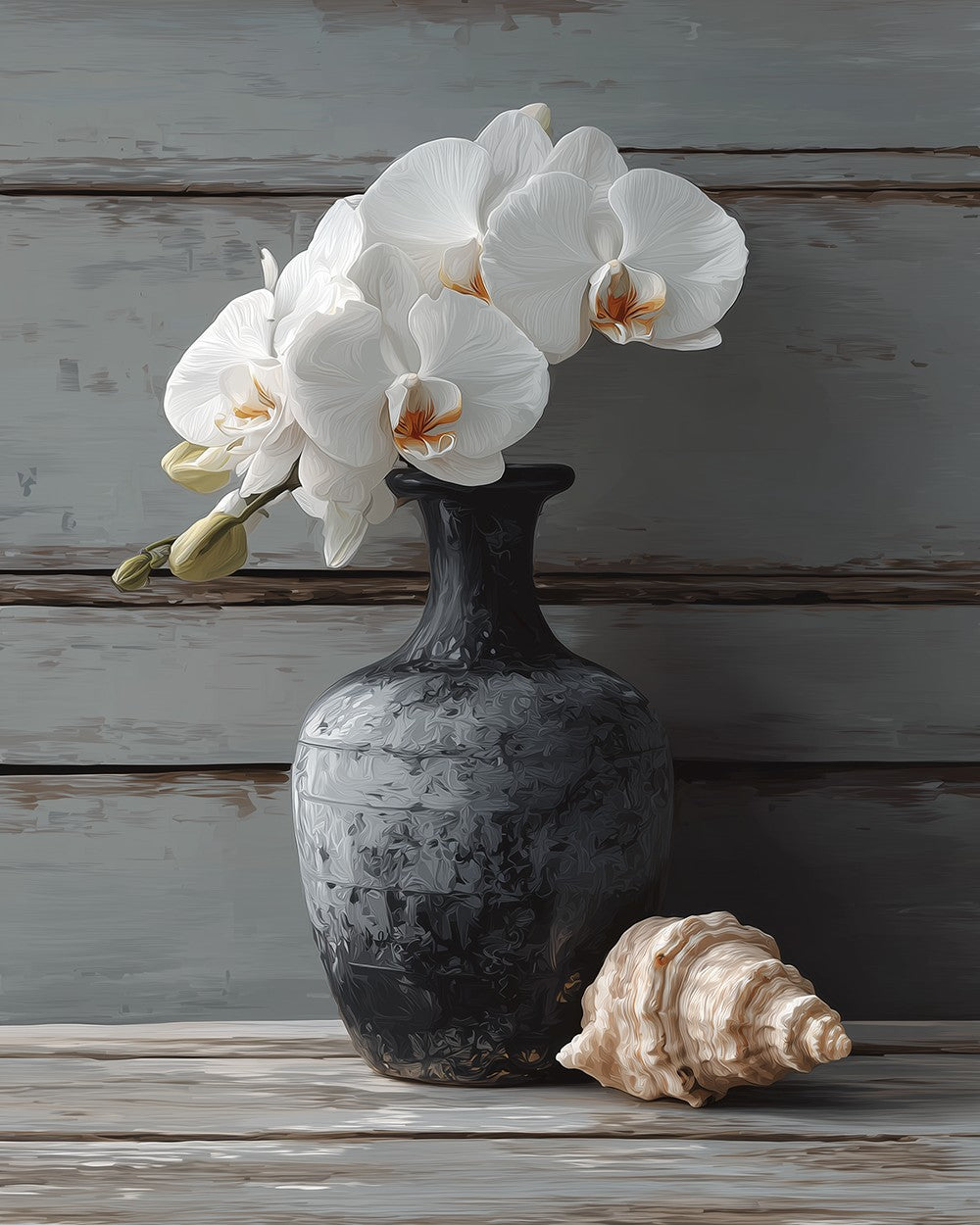White orchids in a dark vase with shell cross stitch kit for beginners