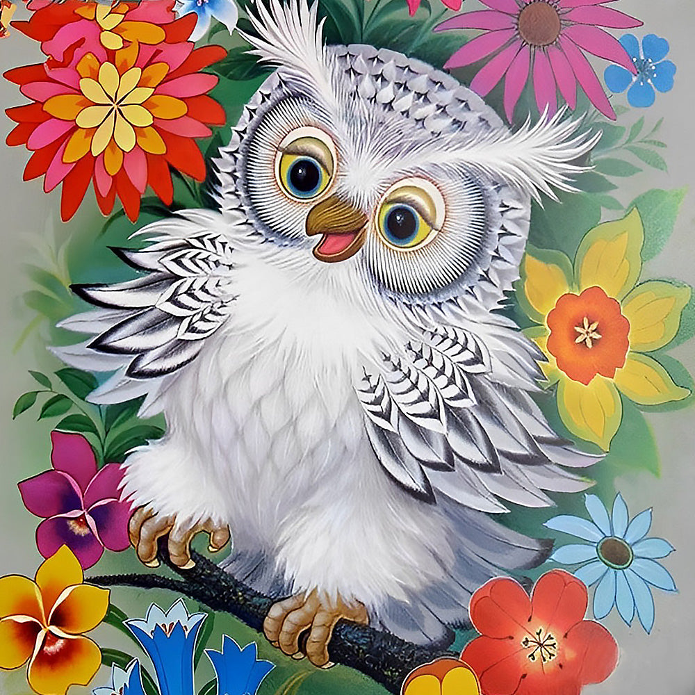 White owl in colourful flowers cross stitch kit for beginners