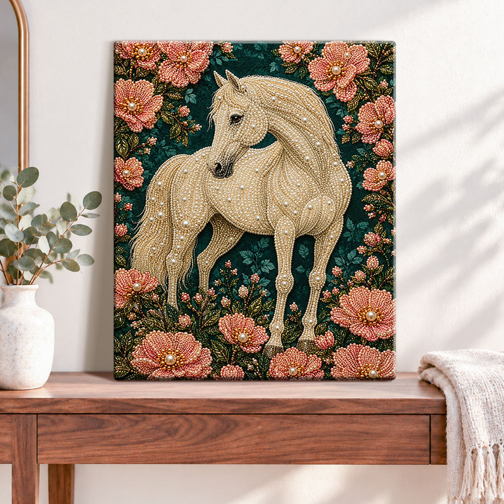 Finished white pearl horse and peonies pearl diamond painting artwork displayed as home decor