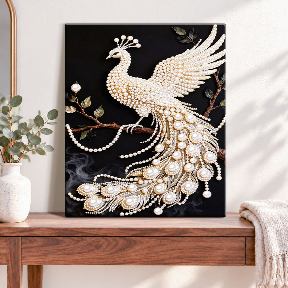 Finished white pearl peacock pearl diamond painting artwork displayed as home decor