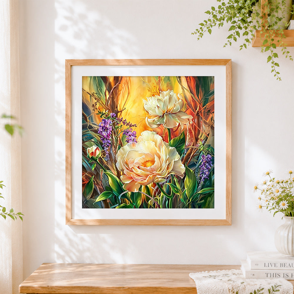 Finished white peonies and purple lilacs cross stitch artwork displayed