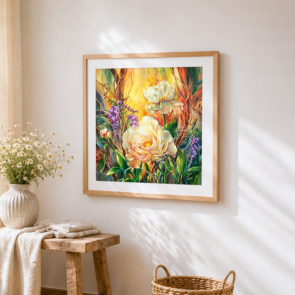 White peonies and purple lilacs cross stitch artwork displayed on wall as home decor