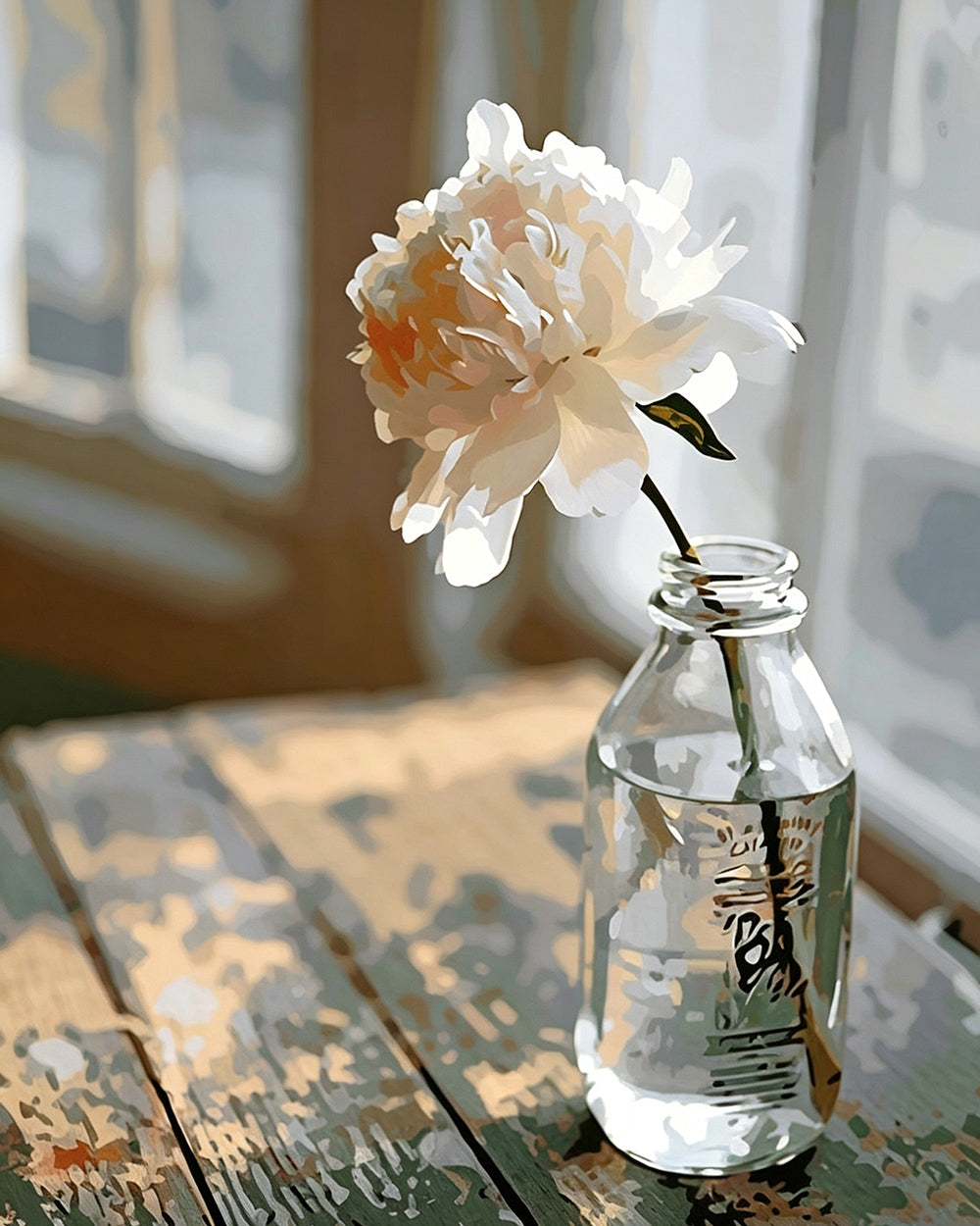 White peony in glass bottle cross stitch kit for beginners