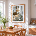 White peony in glass bottle cross stitch artwork displayed on wall as home decor