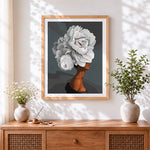 Finished white peony woman portrait cross stitch artwork displayed