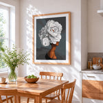 White peony woman portrait cross stitch artwork displayed on wall as home decor