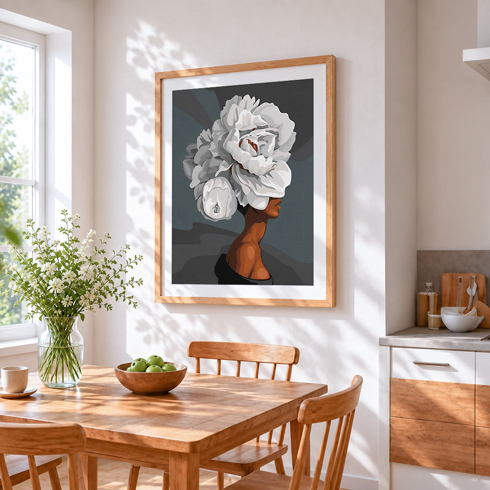 White peony woman portrait cross stitch artwork displayed on wall as home decor