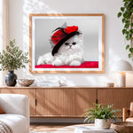Finished white persian kitten in red hat cross stitch artwork displayed
