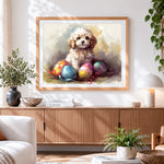 Finished white puppy and easter eggs cross stitch artwork displayed