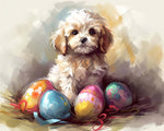 White puppy and easter eggs cross stitch kit for beginners