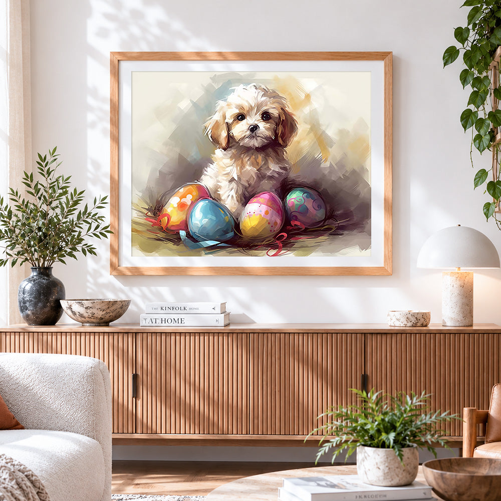Finished white puppy and easter eggs paint by numbers artwork displayed as home decor