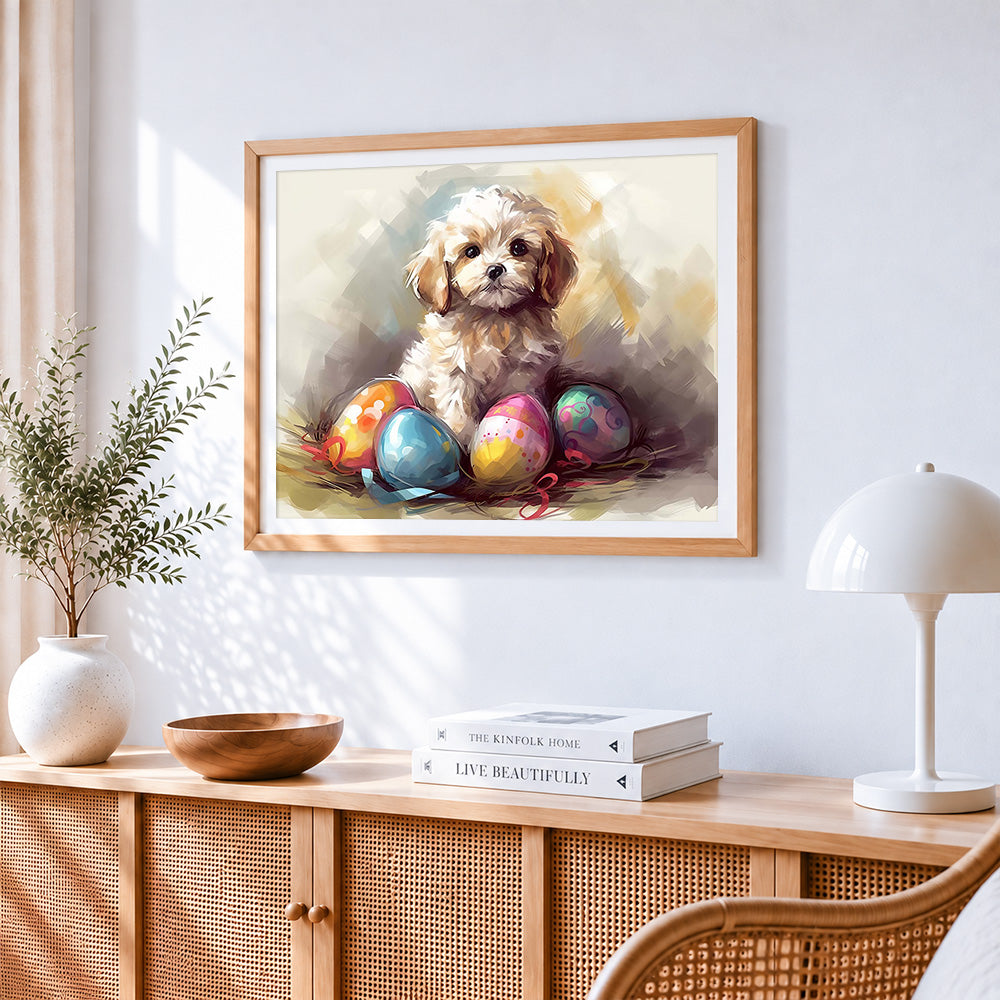 White puppy and easter eggs paint by numbers artwork displayed on wall as home decor