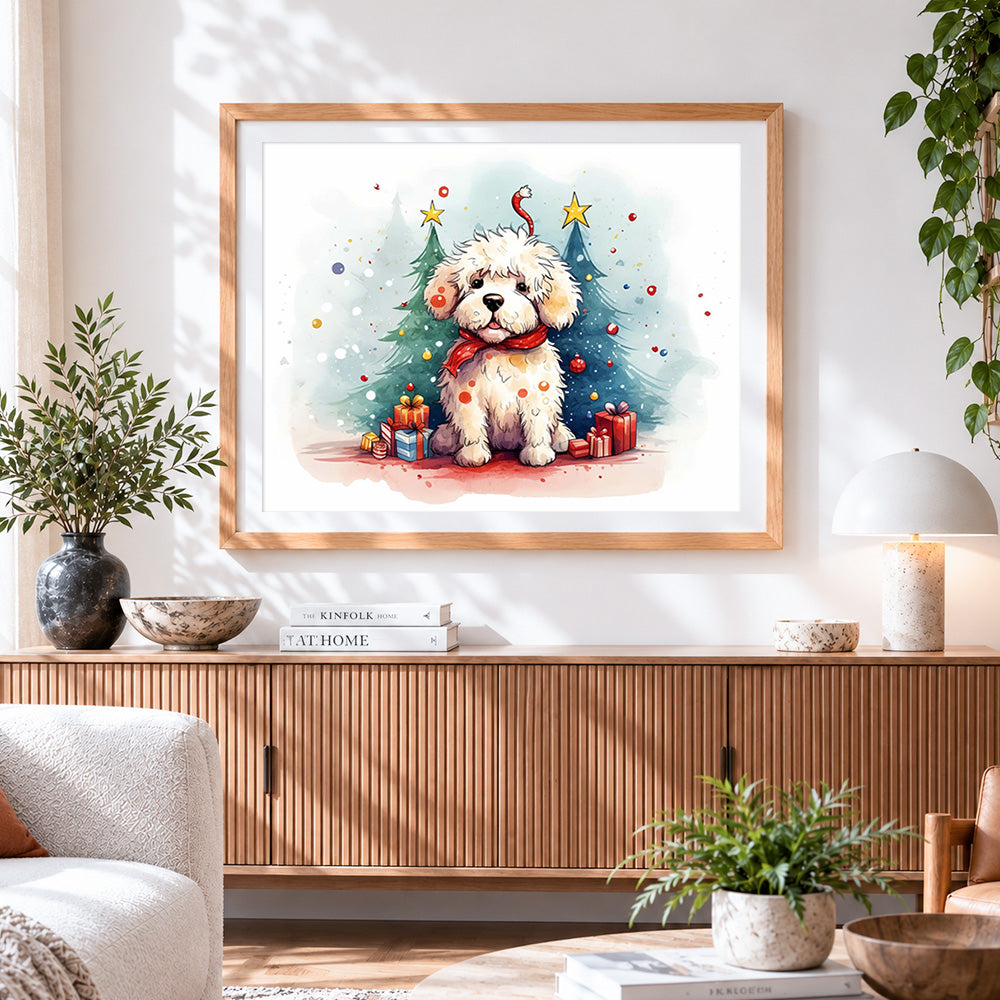 Finished white puppy gifts and christmas trees cross stitch artwork displayed