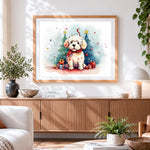 Finished white puppy gifts and christmas trees cross stitch artwork displayed