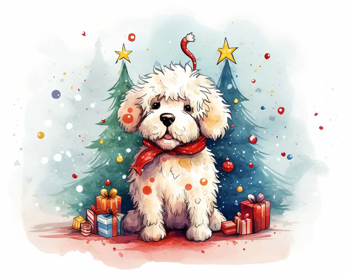 White puppy gifts and christmas trees cross stitch kit for beginners