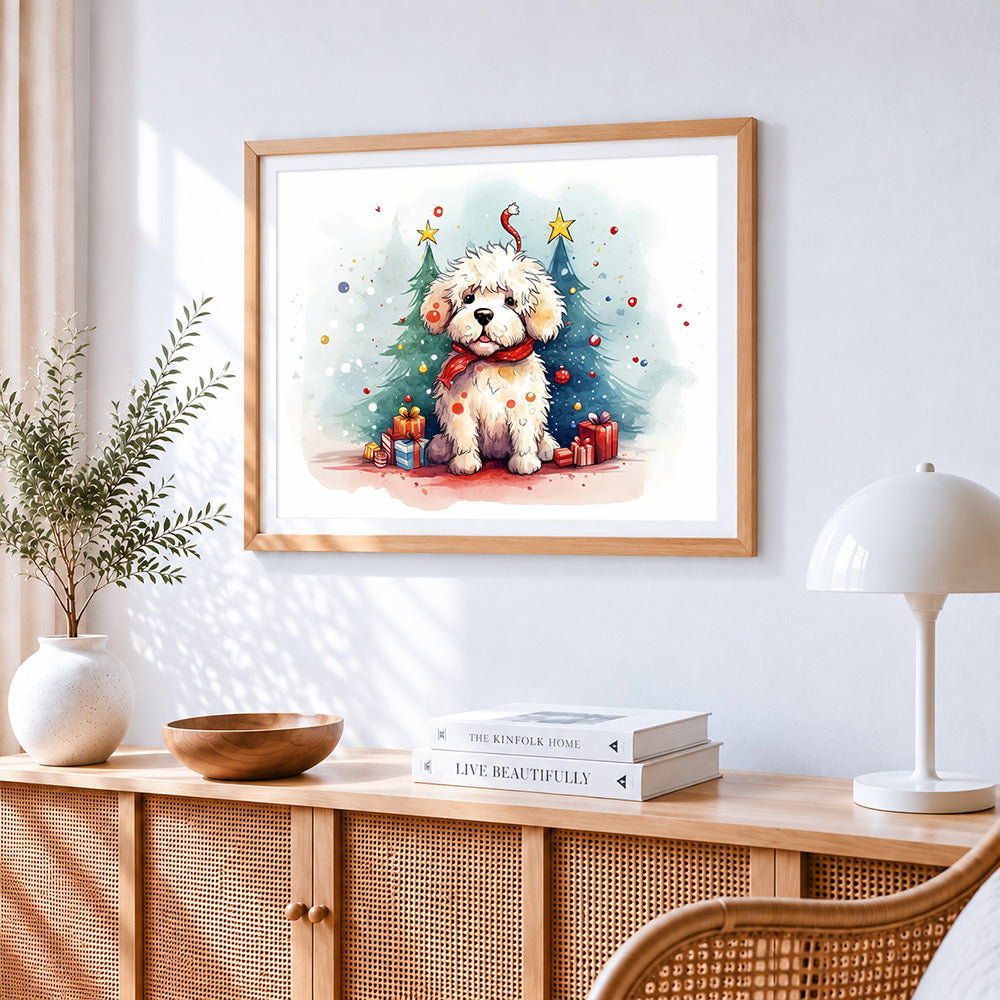 White puppy gifts and christmas trees cross stitch artwork displayed on wall as home decor