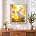 Finished white rabbit and butterfly in golden light cross stitch artwork displayed