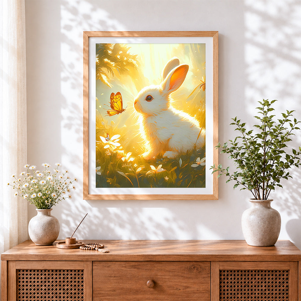 Finished white rabbit and butterfly in golden light cross stitch artwork displayed