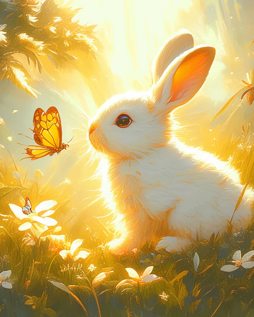 White rabbit and butterfly in golden light cross stitch kit for beginners