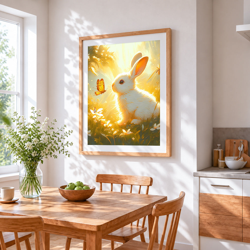 White rabbit and butterfly in golden light cross stitch artwork displayed on wall as home decor