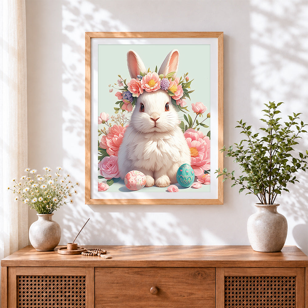 Finished white rabbit with flower crown and easter eggs cross stitch artwork displayed