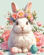 White rabbit with flower crown and easter eggs cross stitch kit for beginners