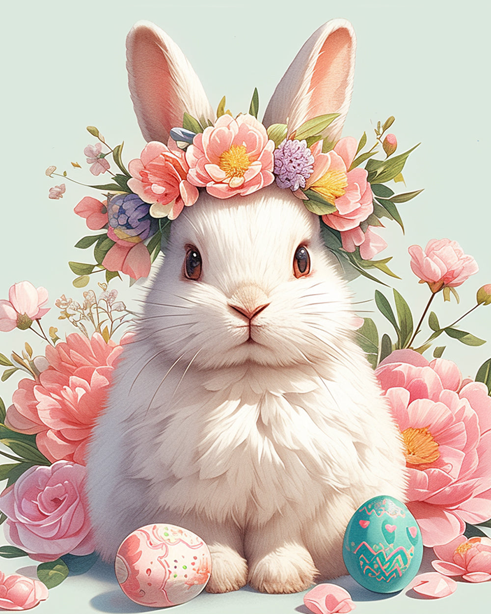 White rabbit with flower crown and easter eggs cross stitch kit for beginners