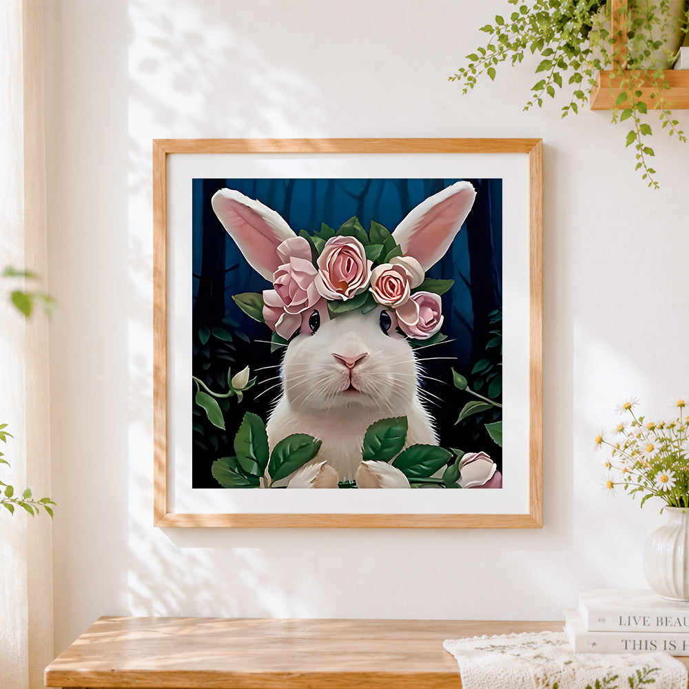 Finished white rabbit with pink rose crown cross stitch artwork displayed