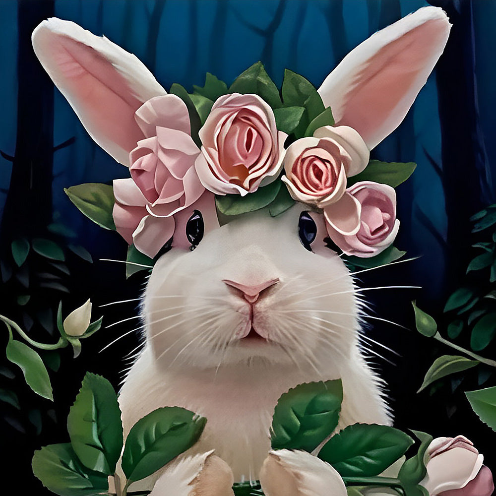 White rabbit with pink rose crown cross stitch kit for beginners