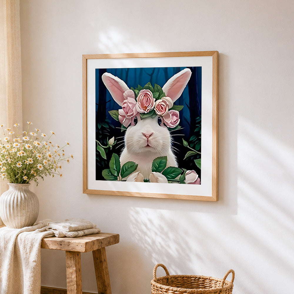 White rabbit with pink rose crown cross stitch artwork displayed on wall as home decor