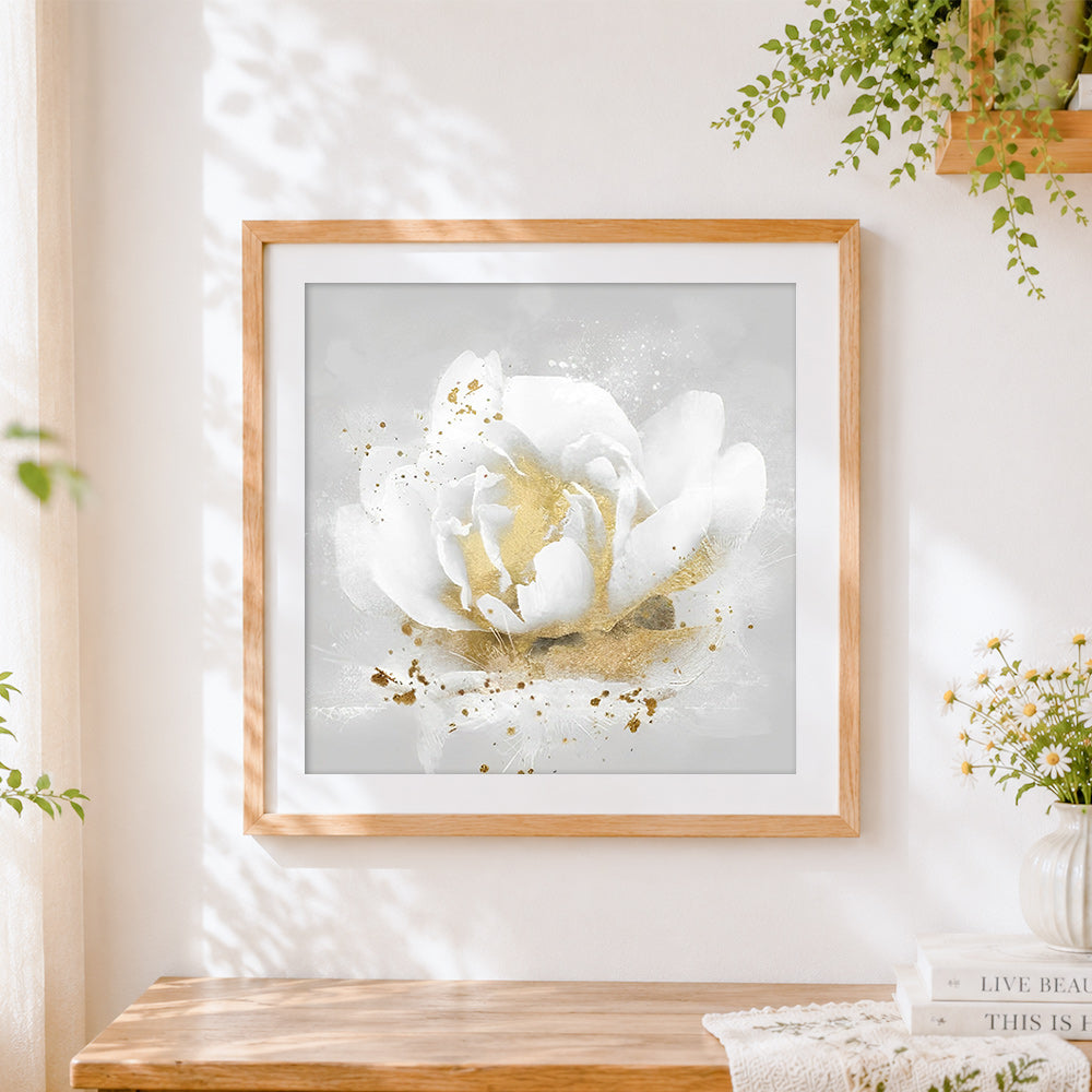 Finished white rose with golden centre cross stitch artwork displayed