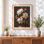 Finished white roses and butterflies on brown background cross stitch artwork displayed